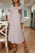 Brown Stripe Contrast Leopard Patchwork Long Shirt Dress with Slits