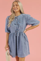 Dusk Blue Bowknot Bubble Sleeve Short Denim Dress