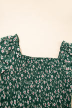 Green Smocked Square Neck Puff Short Sleeve Floral Dress