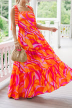 Red Abstract Print Knotted Shoulder High Waist Maxi Dress