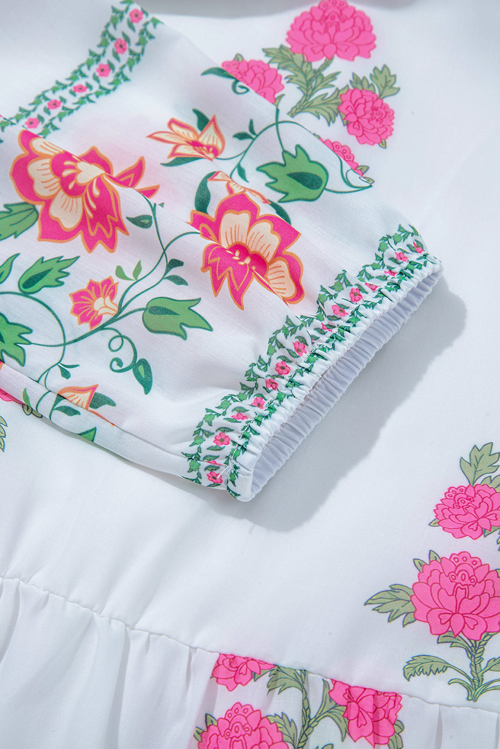 White Floral Print Half Button Mandarin Neck 3/4 Sleeve Maxi Dress