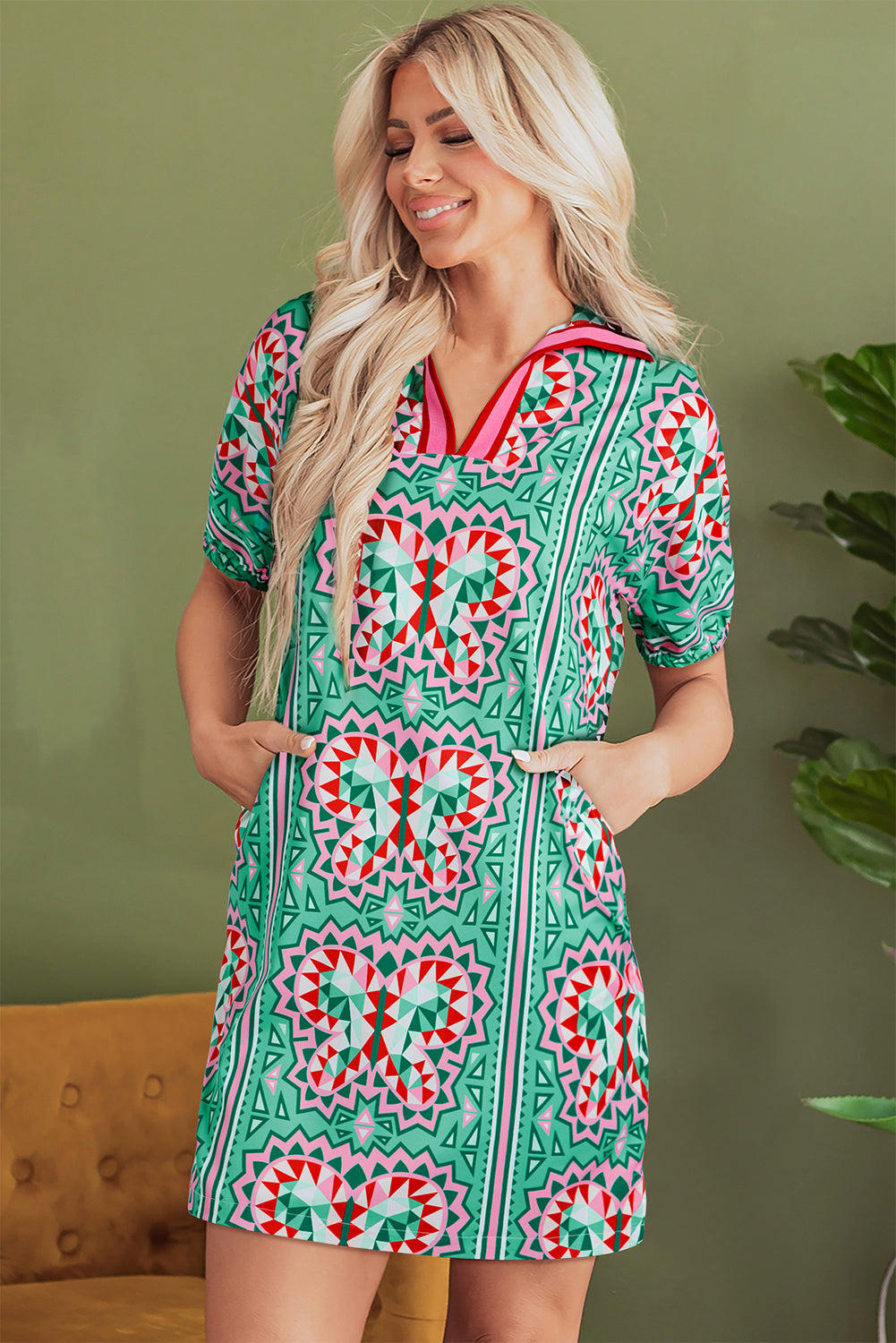 Mint Green Geometric Butterfly Print Split Neck Short Sleeve Dress