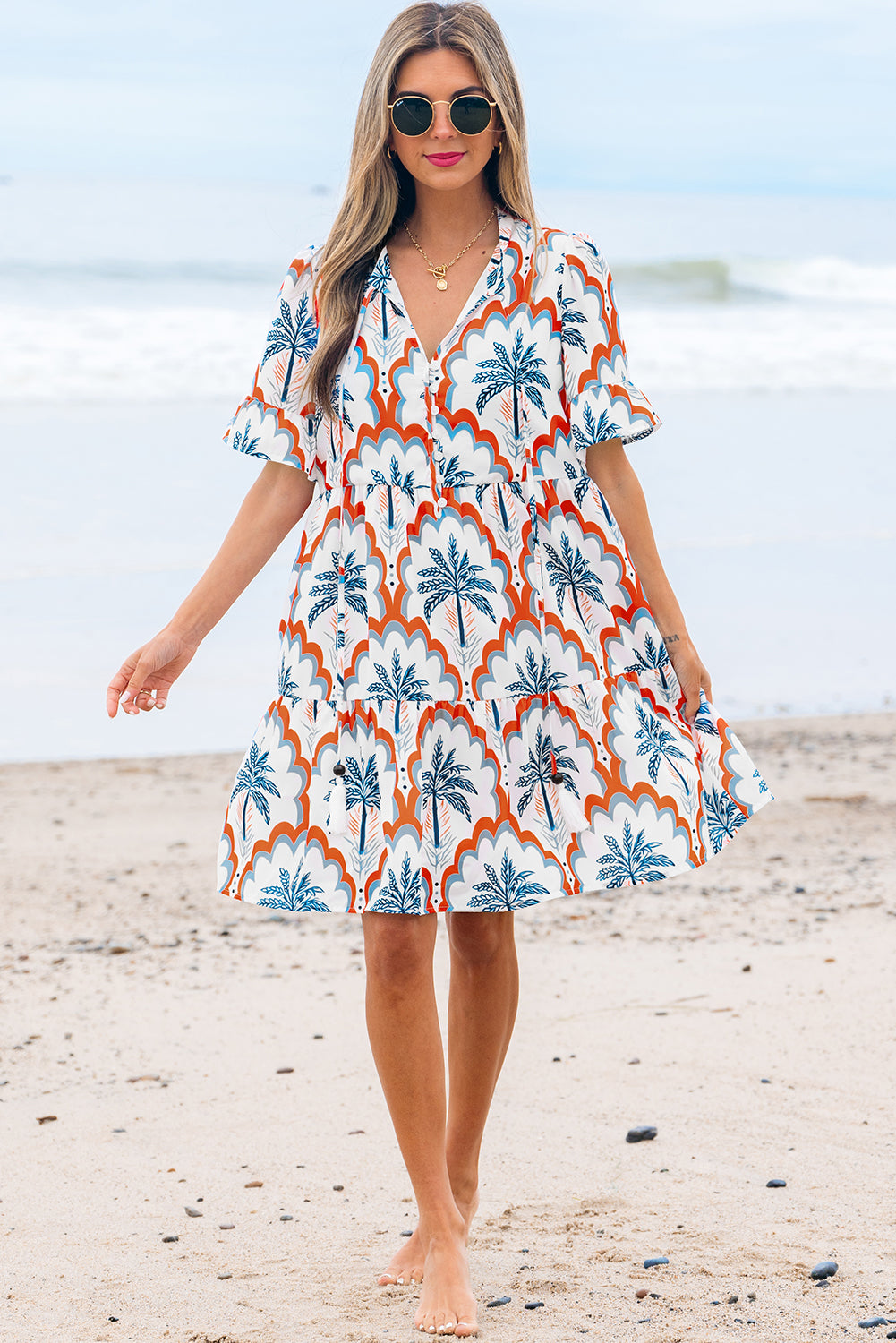 Orange Contrast Palm Tree Printed Short Sleeve Flowy Dress