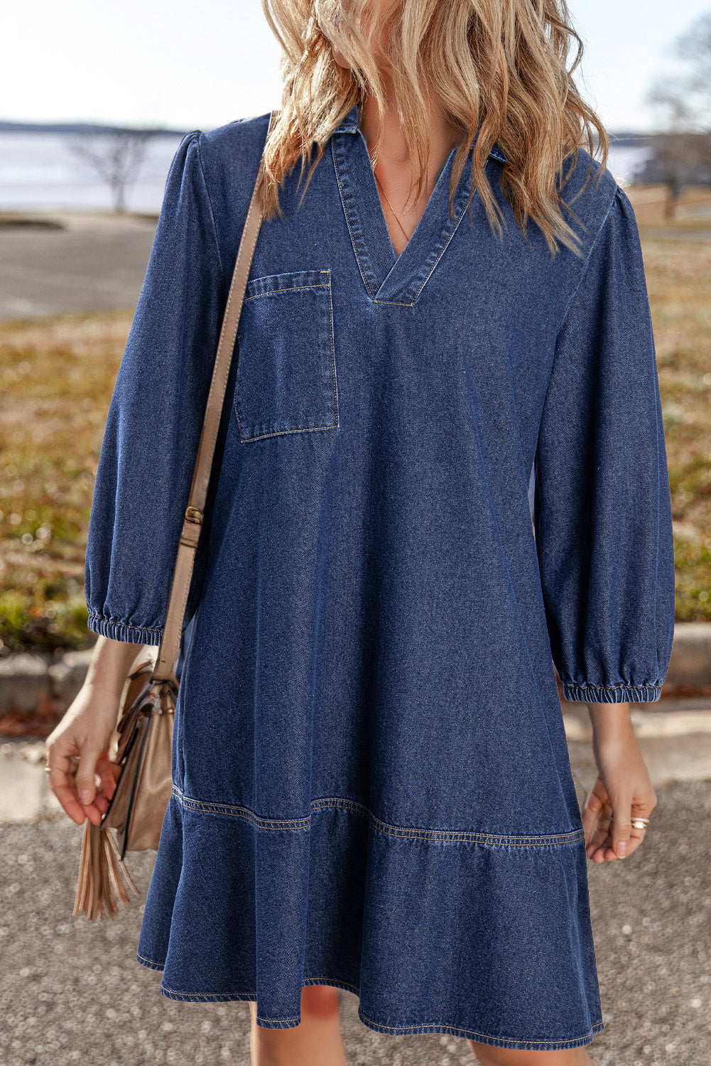 Sail Blue V Neck Collared Single Chest Pocket Long Sleeve Denim Dress