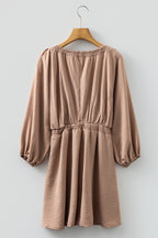 Smoke Gray Deep V Neck Bubble Sleeve Smocked Mini Dress