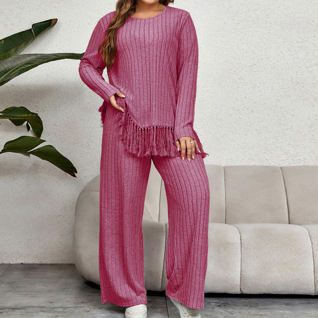 Irregular Fringe Long Sleeve Top With Loose Wide Leg Pants Set