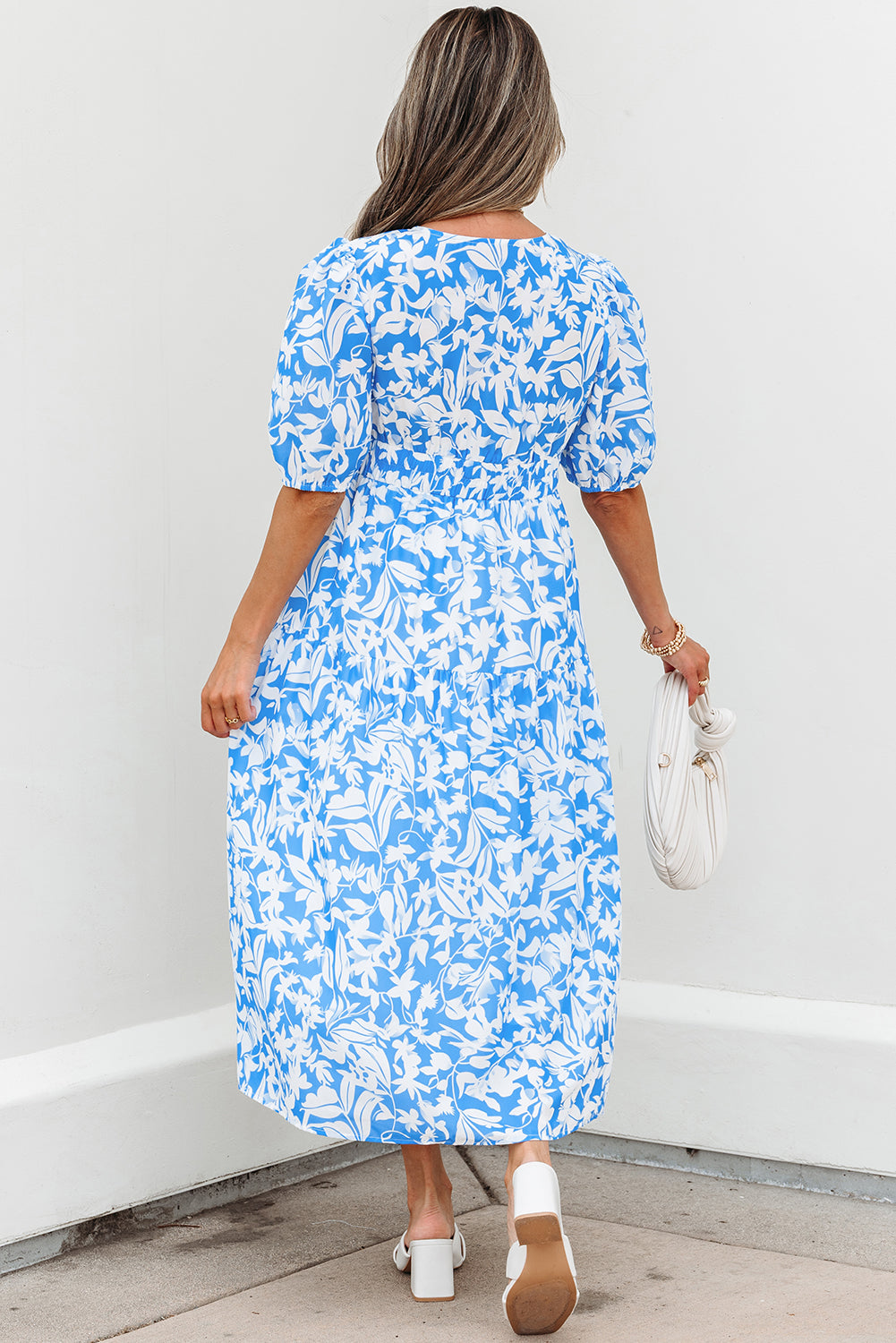 Sky Blue Floral V Neck Puff Short Sleeve Flowy Long Dress