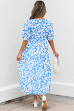 Sky Blue Floral V Neck Puff Short Sleeve Flowy Long Dress
