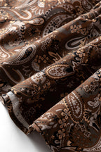 Brown Paisley Print Half Buttons Puff Sleeve Flowy Short Dress