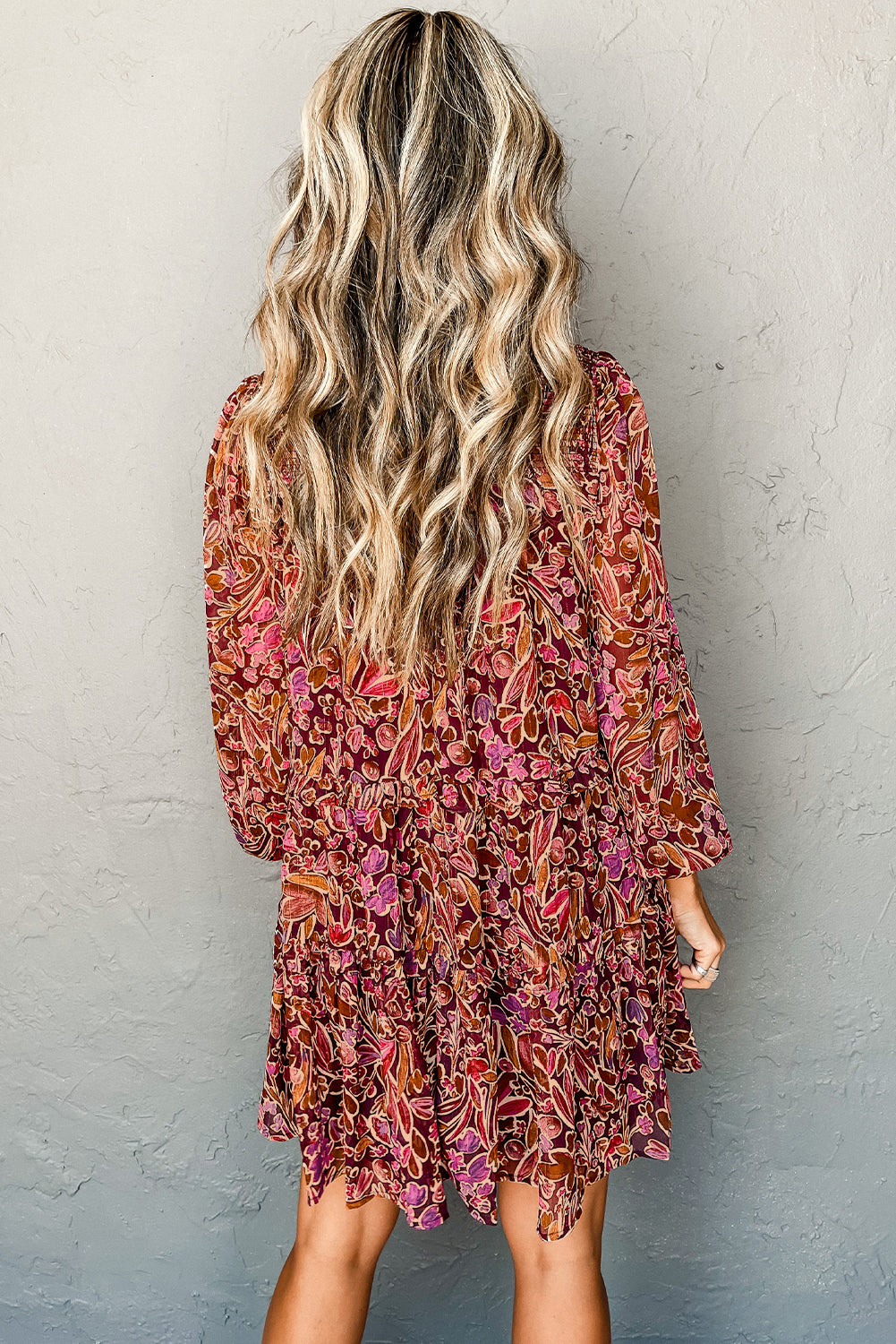 Red Floral Print Long Sleeve Shirred High Neck Loose Mini Dress