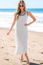 White Stripe Criss Cross Side Slits Slim Fit Sleeveless Midi Dress