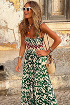 Green Western Aztec Shirred A-line Sleeveless Maxi Dress