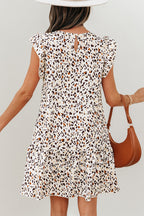 Khaki Leopard Ruffled Flutter Sleeve Keyhole Back Mini Dress