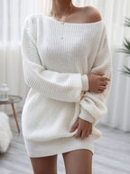 Casual Off-the-shoulder Lantern Sleeve Knitted Sweater Dress
