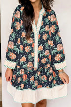 Blue Floral Print Striped Trim V Neck Long Sleeve Ruffle Hem Shift Mini Dress
