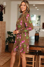 Brown Contrast Floral Print Babydoll Tunic Ruffled Hem Puff Sleeve Dress