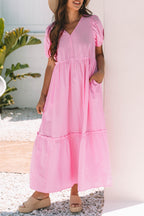 Pink Stripe V Neck Puff Short Sleeve Maxi Dress
