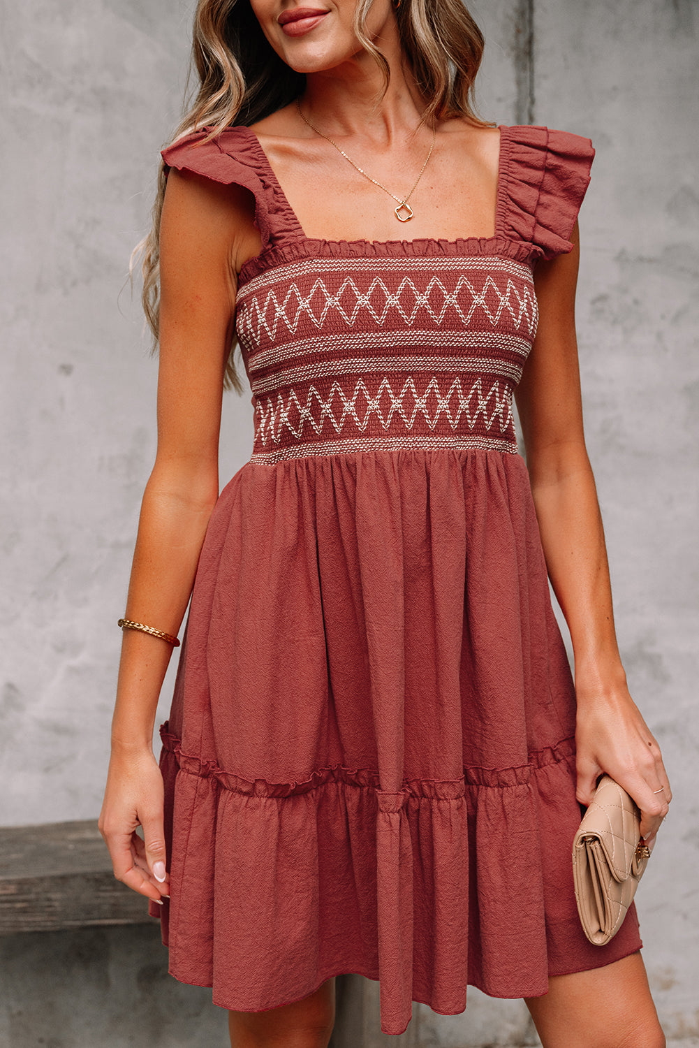 Red Sandalwood Geometric Stitch Shirred Bodice Ruffled Trim Sleeveless Mini Dress