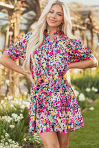 Pink Floral Puff Short Sleeve V Neck Mini Dress