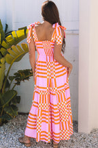 Pink Boho Gingham Tied Straps Smocked Maxi Dress