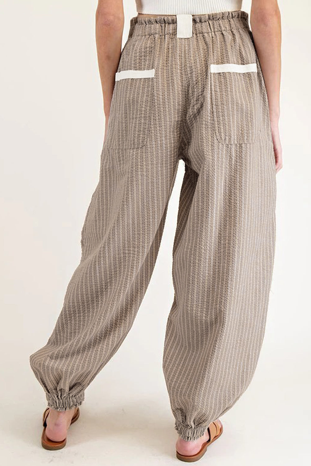 Brown Stripe Drawstring Cargo Jogger Pants with Pockets