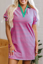 Pink Stripe Collared V Neck Puff Sleeve T Shirt Dress