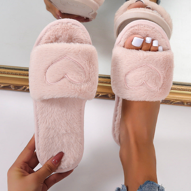 Ladies Flat-bottom Solid Color Warm Fur Slippers