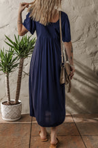 Navy Blue V Neck Buttoned Front Shirred Back Short Sleeve Midi Dress