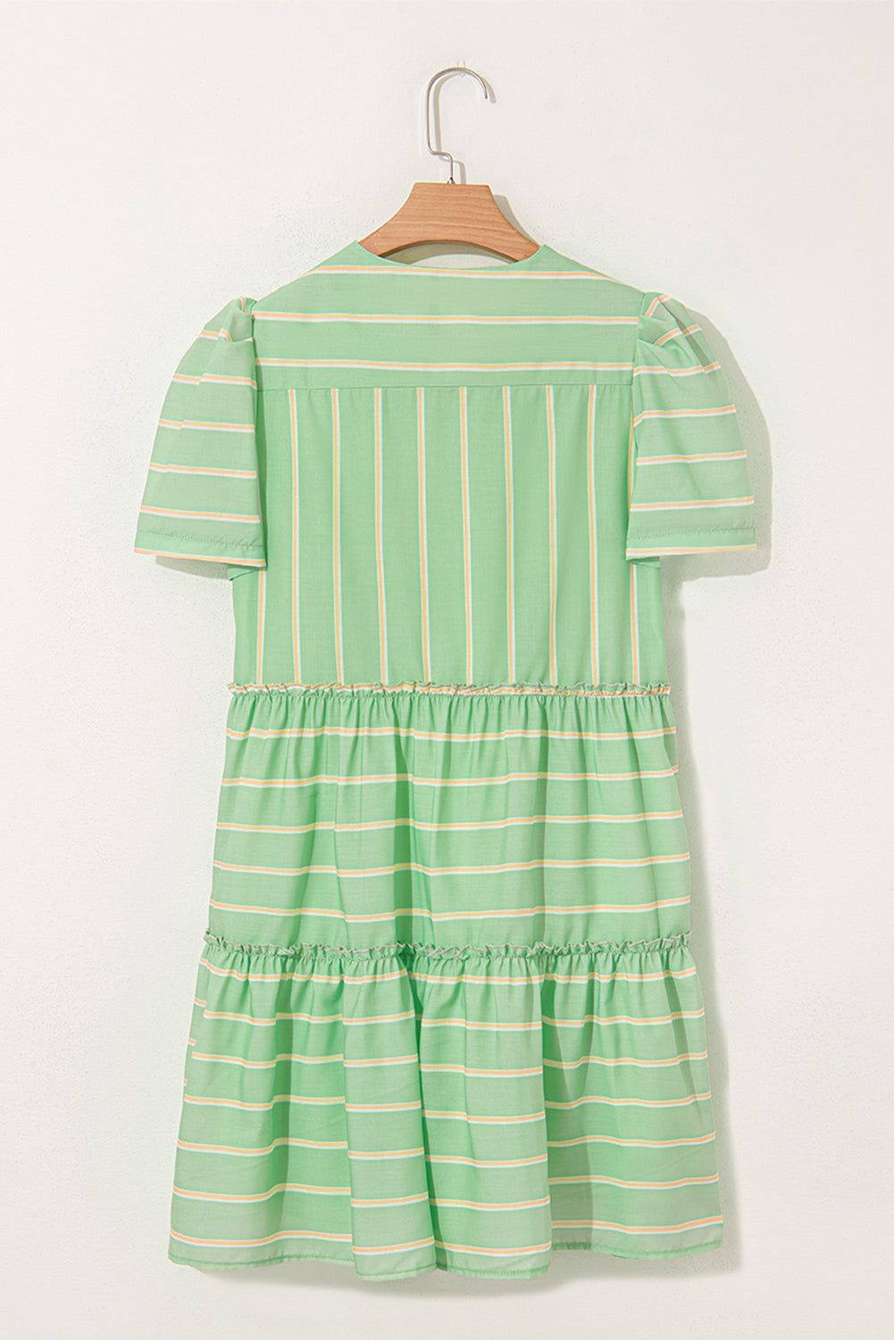 Green Stripe V Neck Short Sleeve Frilled Detail A-line Dress