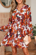 Red Floral Print Wrap V Neck Puff Sleeve Flowy Mini Dress