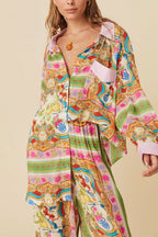 Multicolour Boho Floral Print Buttoned Long Sleeve Shirt Dress