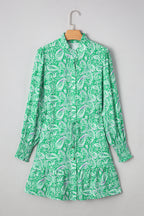 Green Paisley Print Long Sleeve Button Front Tied Waist Mini Dress
