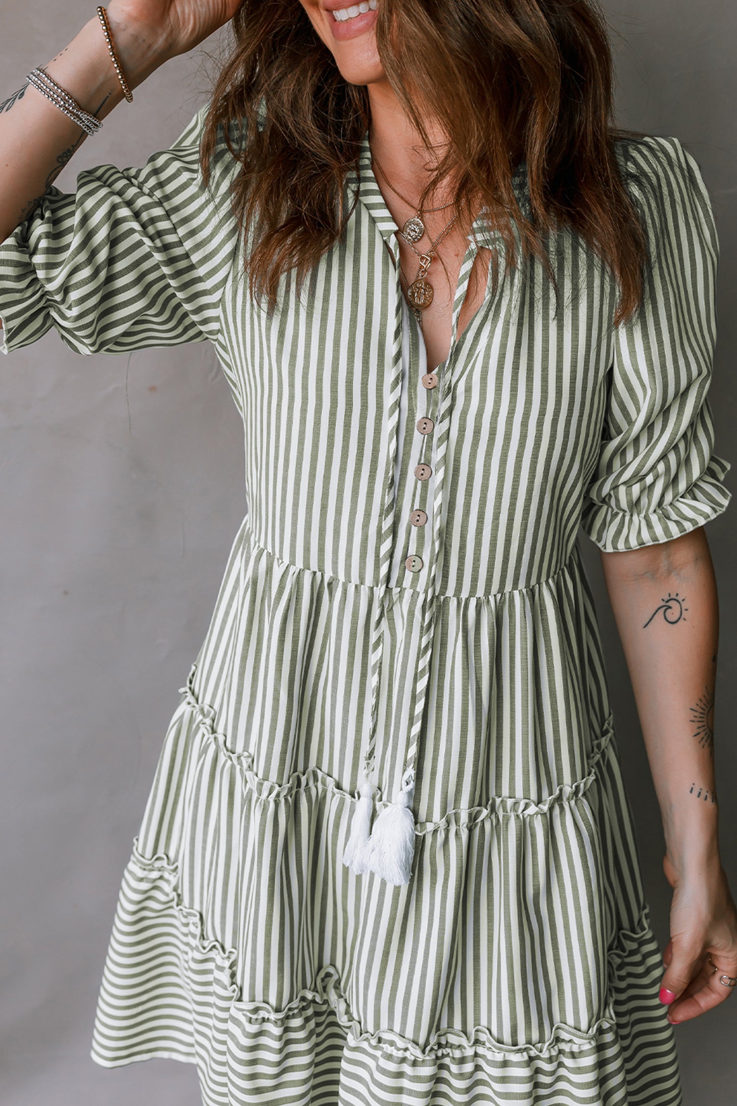 Green Stripe Tasseled Tie Neck Ruffled Short Sleeve Tiered Flattering Dress
