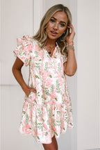 Pink Floral Contrast Edge Layered Short Sleeve Mini Dress