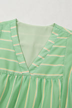 Green Stripe V Neck Short Sleeve Frilled Detail A-line Dress