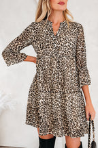 Khaki Leopard 3/4 Sleeve V Neck Swing Dress