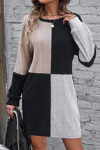 Black Ribbed Color Block Drop Shoulder Long Sleeve Mini Dress
