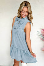 Beau Blue Bowknot Neck Sleeveless Ruffled Chambray Dress