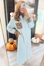 Brown Stripe Contrast Leopard Patchwork Long Shirt Dress with Slits