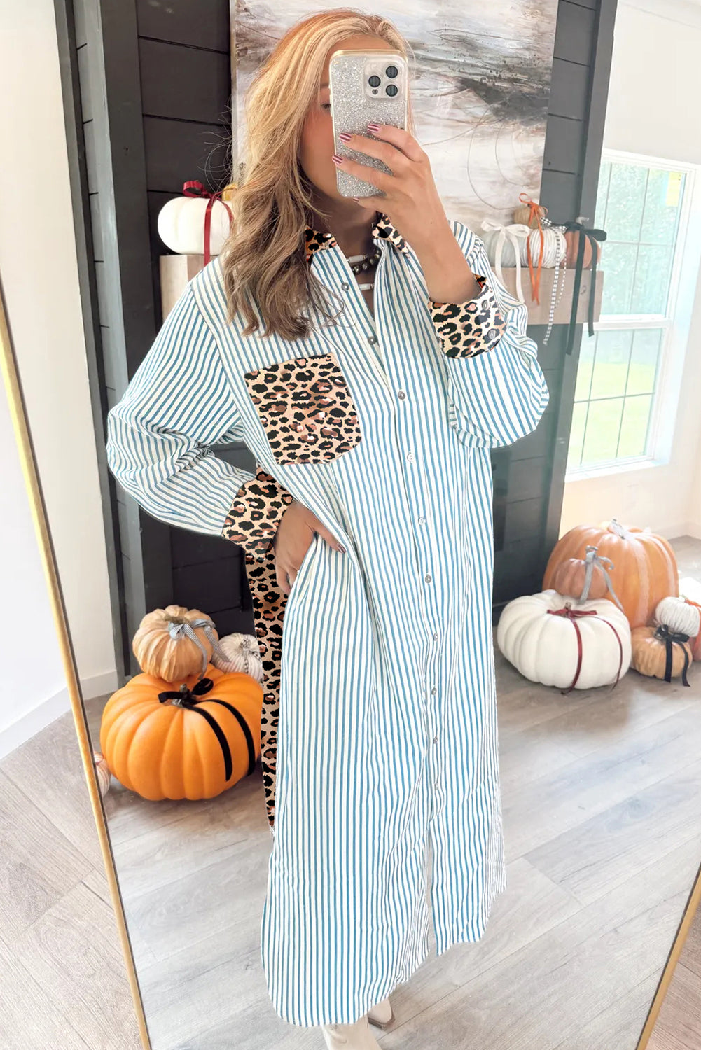 Brown Stripe Contrast Leopard Patchwork Long Shirt Dress with Slits