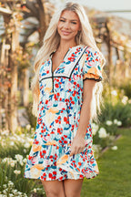 Green Floral Print Zipper Ruffled Short Sleeve High Waist Mini Dress