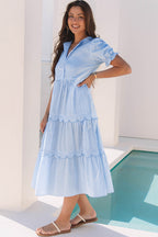 Sky Blue Stripe Bubble Short Sleeve Tiered Scallop Long Dress