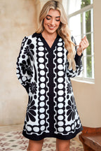 Black Polka Dot Floral Printed V Neck Long Sleeve Shift Mini Dress