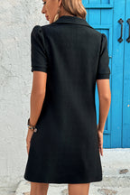 Black Textured Zipped Collar Shift Polo T Shirt Dress