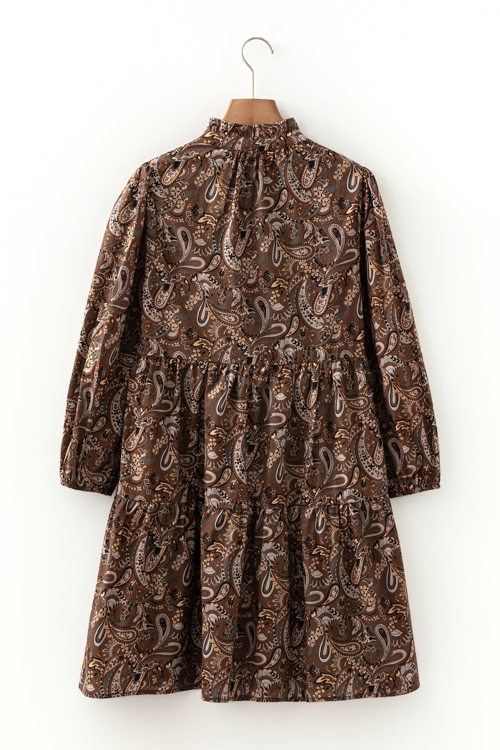 Brown Paisley Print Half Buttons Puff Sleeve Flowy Short Dress