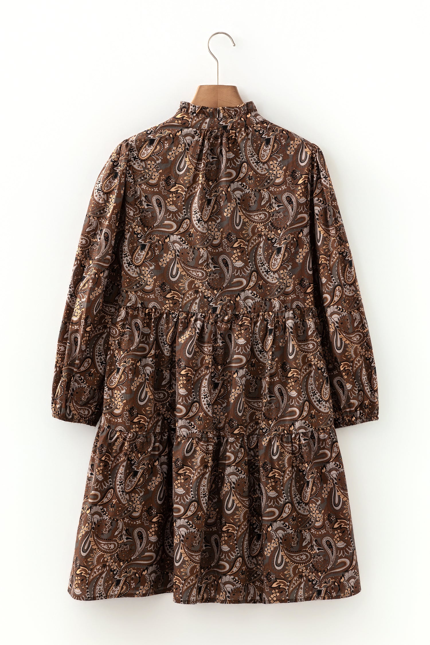 Brown Paisley Print Half Buttons Puff Sleeve Flowy Short Dress
