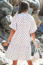 Pink Floral Print Bubble Sleeve Neck Tie Ruffled Dress