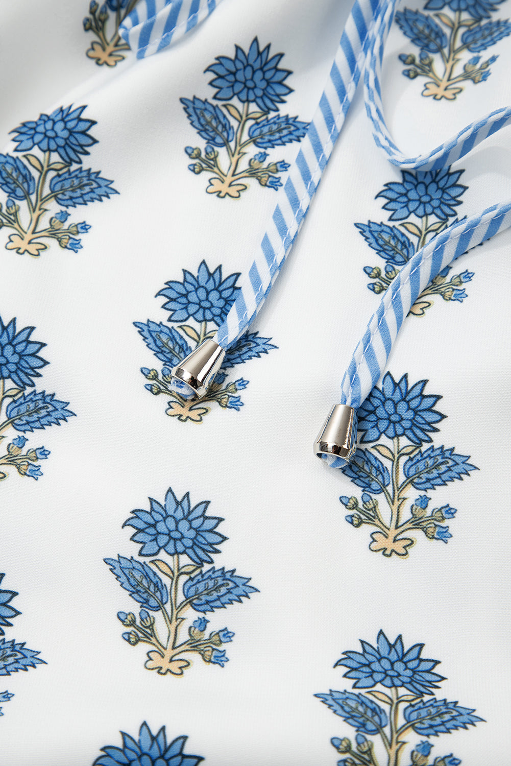 Sky Blue Floral Puff Sleeve Tied Neck Pocketed Mini Dress