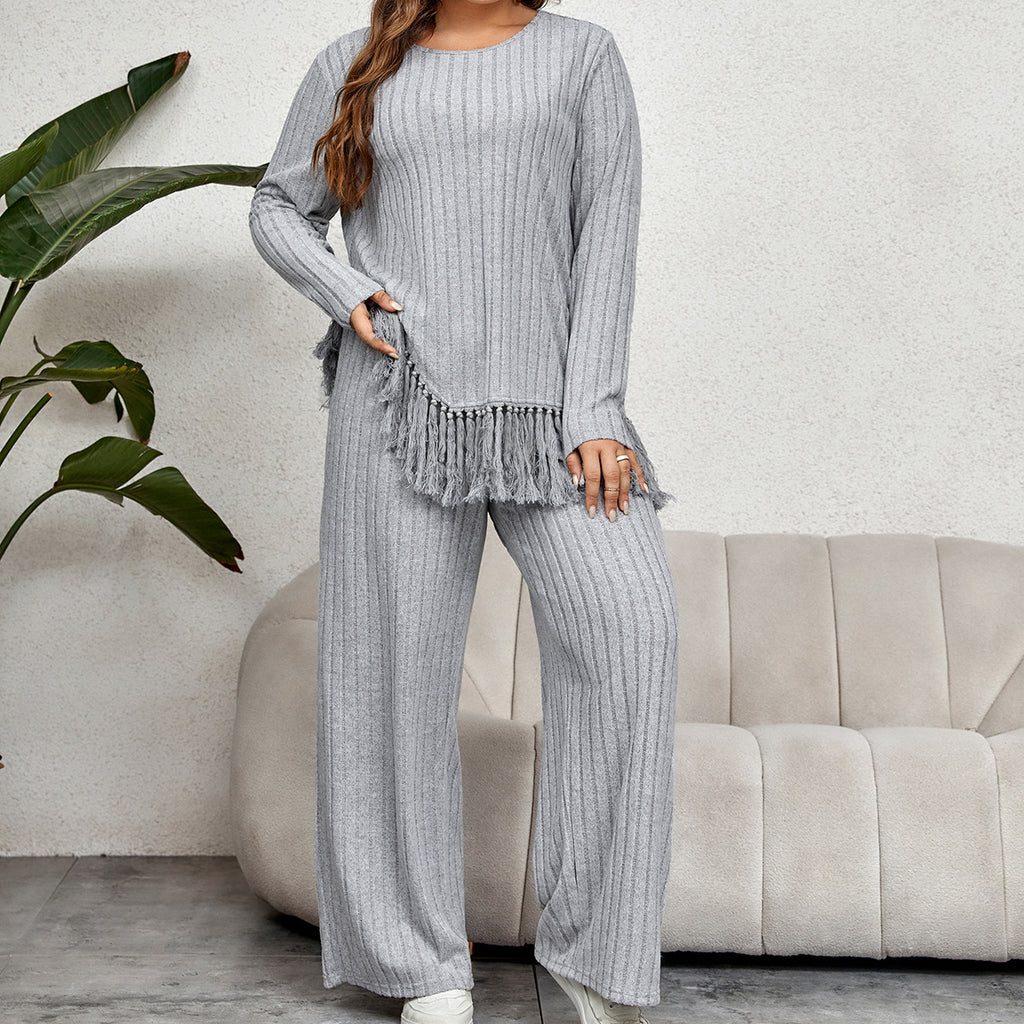Irregular Fringe Long Sleeve Top With Loose Wide Leg Pants Set
