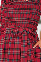 Red Tartan Plaid Square Neck Puff Sleeve Knot Waist Flared Midi Dress